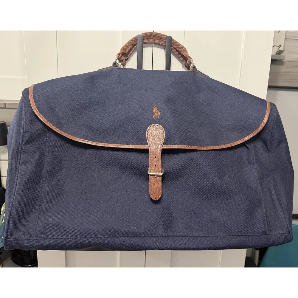 VTG Ralph Lauren Polo Bag Large Blue Canvas Duffle Travel Leather Trim Weekender